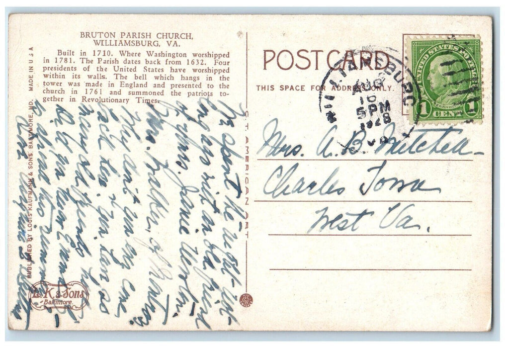 1928 Bruton Parish Church Oldest Church In America Williamsburg VA Postcard