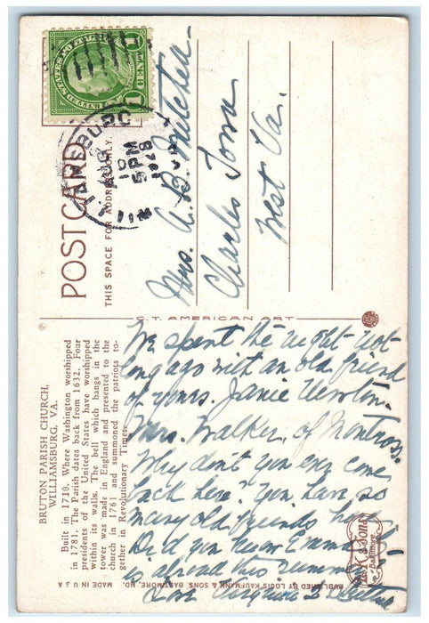1928 Bruton Parish Church Oldest Church In America Williamsburg VA Postcard