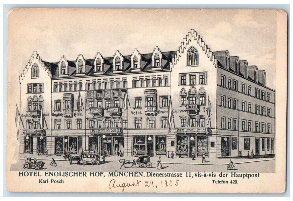 c1910 Hotel Englischer HOF Exterior Building Horse Carriage Road Munich Germany