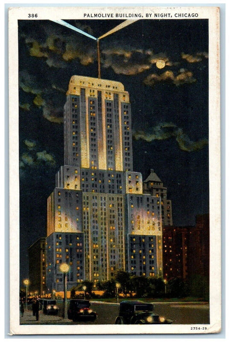 1933 Palmolive Building By Night Cars Chicago Illinois IL Vintage Postcard