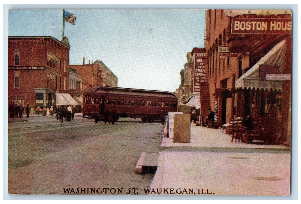 1908 Washington Street Boston House Stores Trolley Waukegan Illinois IL Postcard