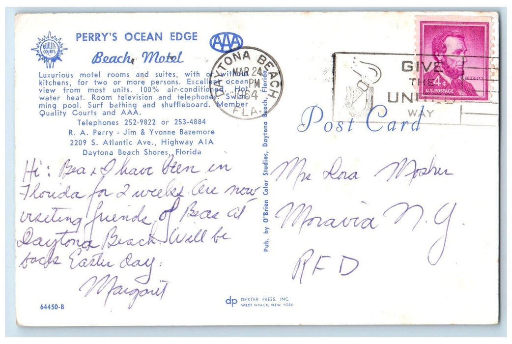 1964 Perry's Ocean Edge Beach Motel Daytona Beach Shores FL Postcard