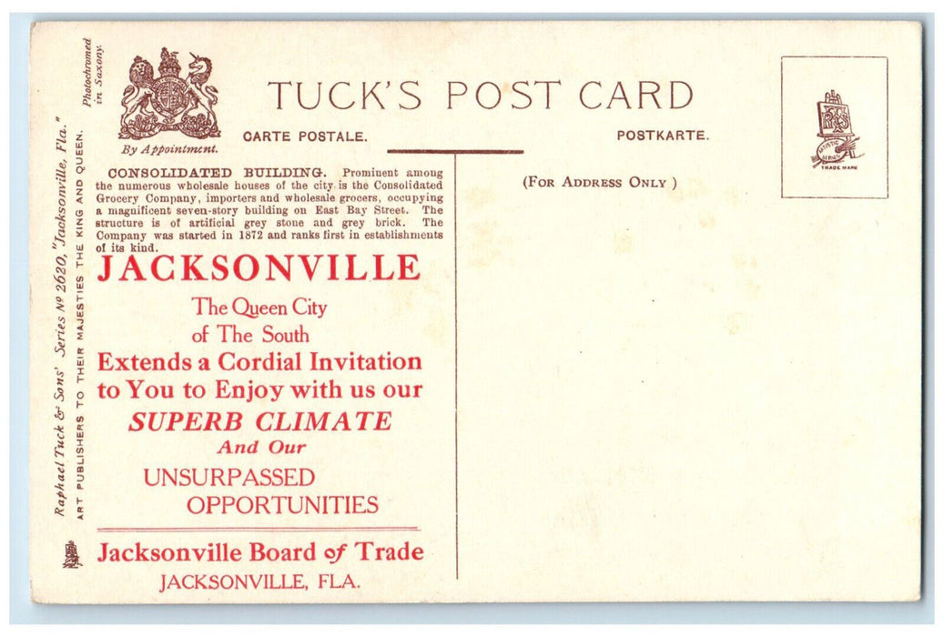 c1910 Consolidated Building Jacksonville FL Advertising Tuck Art Postcard