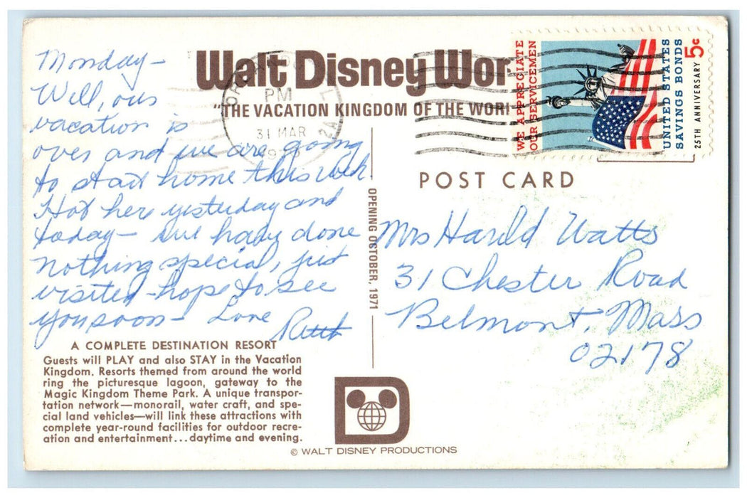 1970 A Complete Destination Resort Walt Disney World Orlando FL Postcard