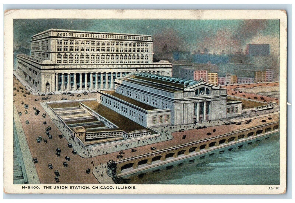 1925 The Union Station Depot Cars Chicago Illinois IL Fred Harvey Postcard