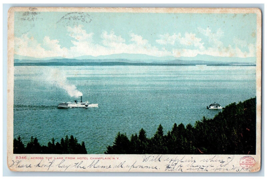 1906 Across The Lake From Hotel Champlain New York NY, Streamer Antique Postcard