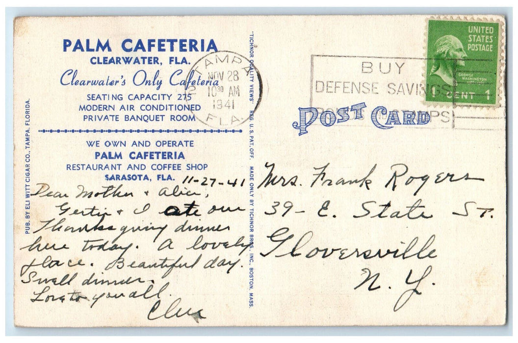 1941 Dining at Palm Cafeteria Park Street Clearwater FL Restaurant Postcard