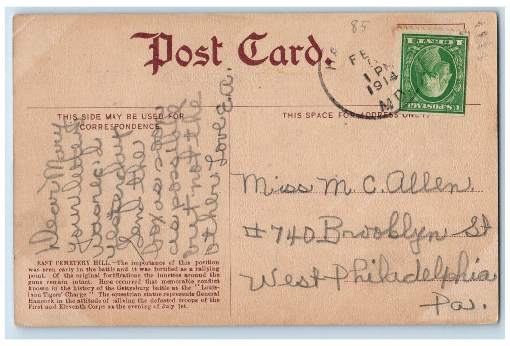 1914 East Cemetery Hill Cannon Gettysburg Pennsylvania PA Antique Postcard