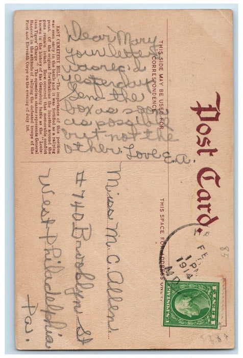 1914 East Cemetery Hill Cannon Gettysburg Pennsylvania PA Antique Postcard