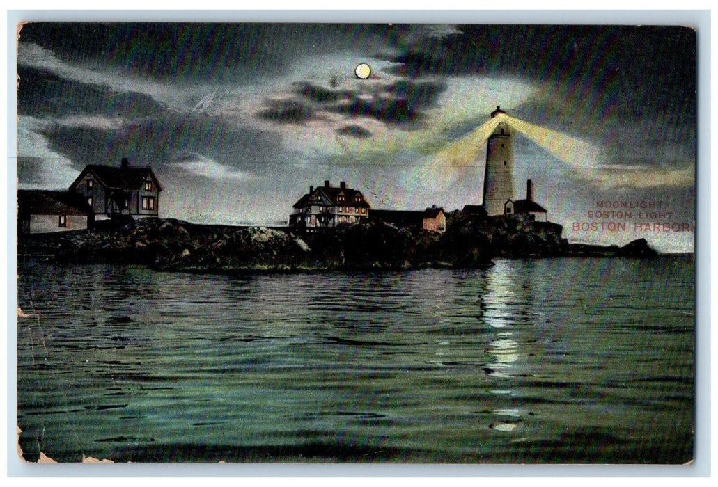 1907 Moonlight Boston Light Boston Harbor Massachusetts MA Antique Postcard