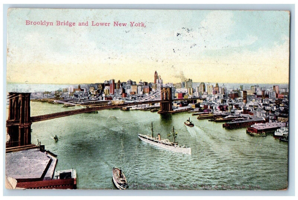 1911 Brooklyn Bridge And Lower Steamer Ship Boat New York NY Antique Postcard