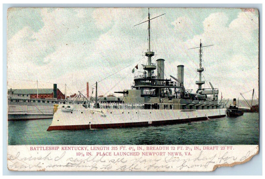 1907 Battleship Kentucky Place Launched Newport News Virginia VA Posted Postcard