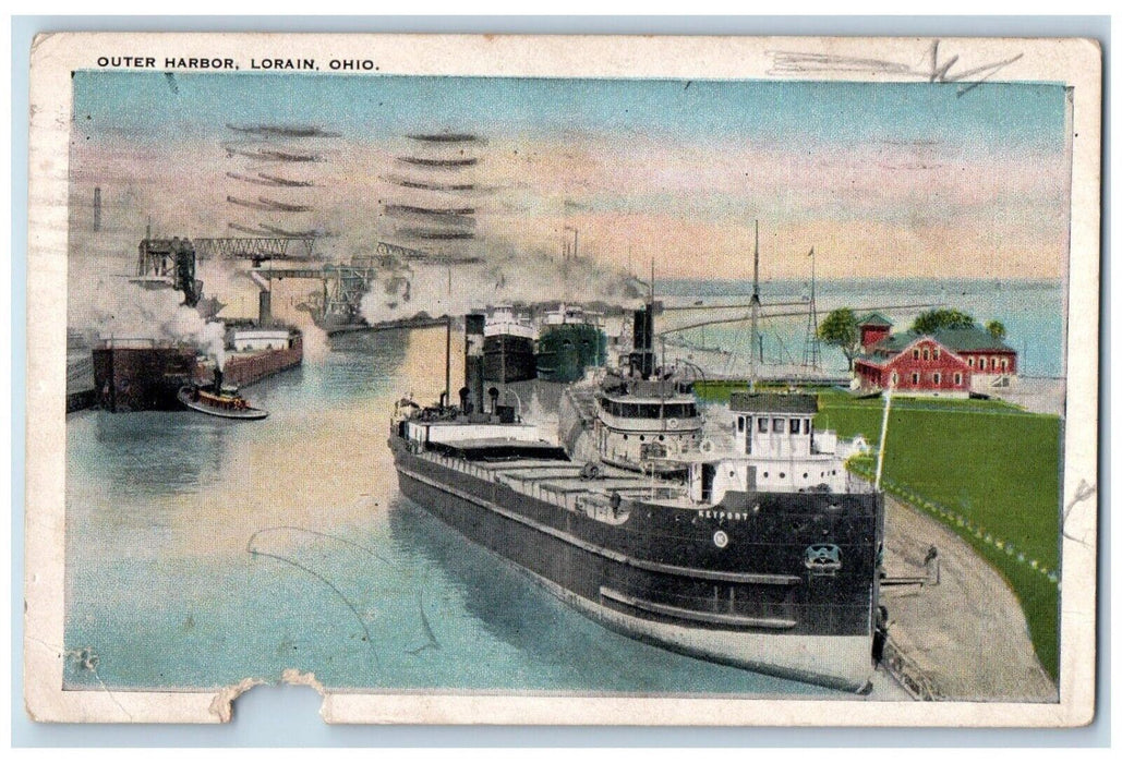 1928 View Of Outer Harbor Steamer Ship Lorain Ohio OH Posted Antique Postcard