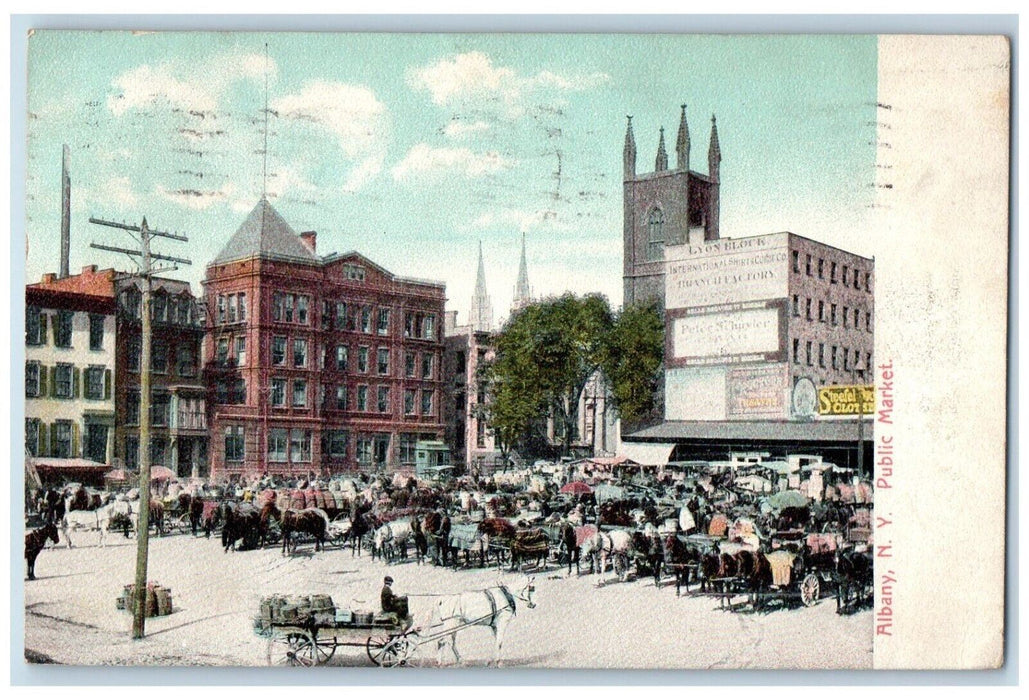 1908 Public Market Lyon Block Horse Carriage Albany New York NY Antique Postcard