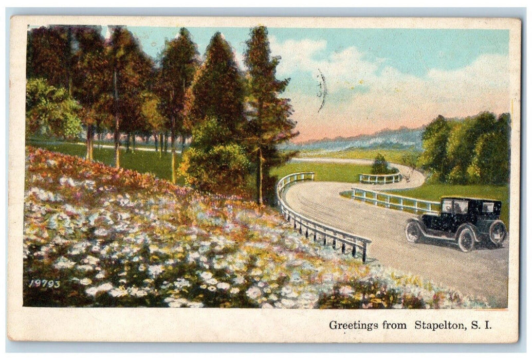 c1910 Greetings From Stapelton Classic Car Flower Garden Staten Island Postcard