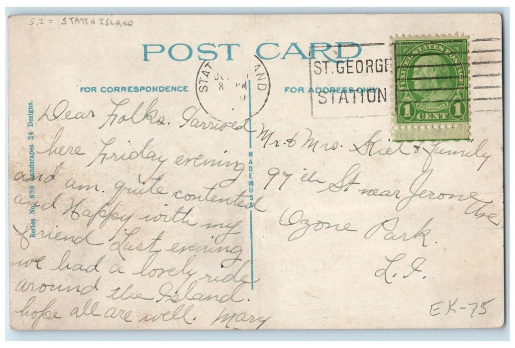 c1910 Greetings From Stapelton Classic Car Flower Garden Staten Island Postcard