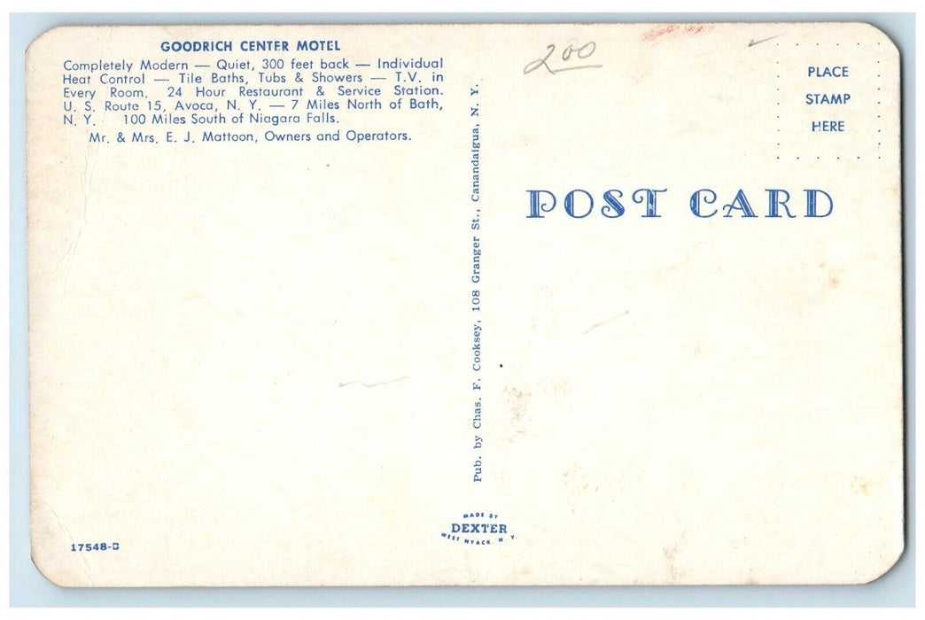 c1950's Goodrich Center Motel U.S. Route 15 Avoca New York NY Vintage Postcard