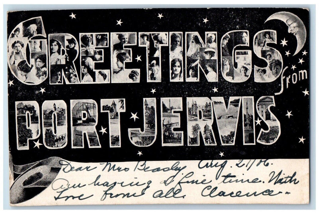 1906 Greetings From Port Jervis Multiview Moon Night Large Letters NY Postcard
