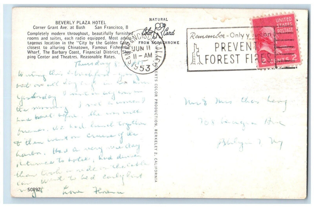 1953 Beverly Plaza Hotel Corner Grant Ave Bush San Francisco California Postcard