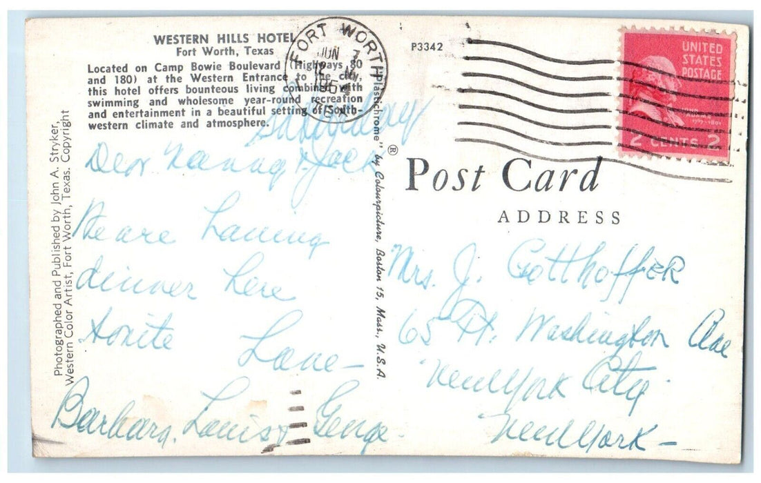 1954 Western Hills Hotel Camp Bowie Boulevard Western Fort Worth Texas Postcard