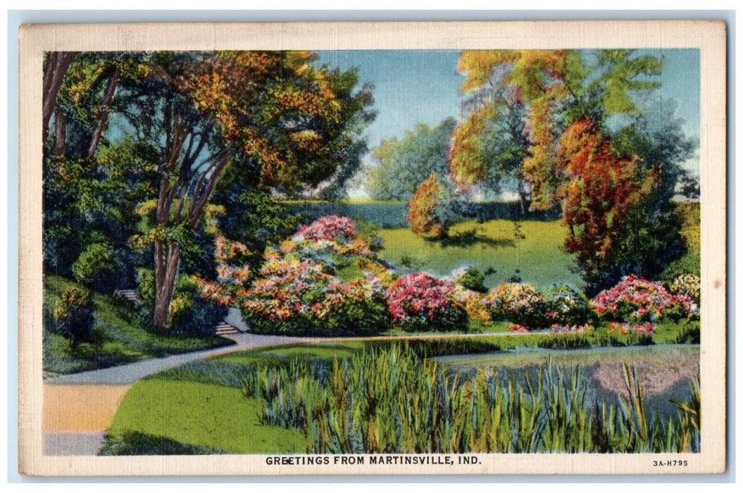 c1940 Greetings From Martinsville Flower Garden Park Pond Trees Indiana Postcard