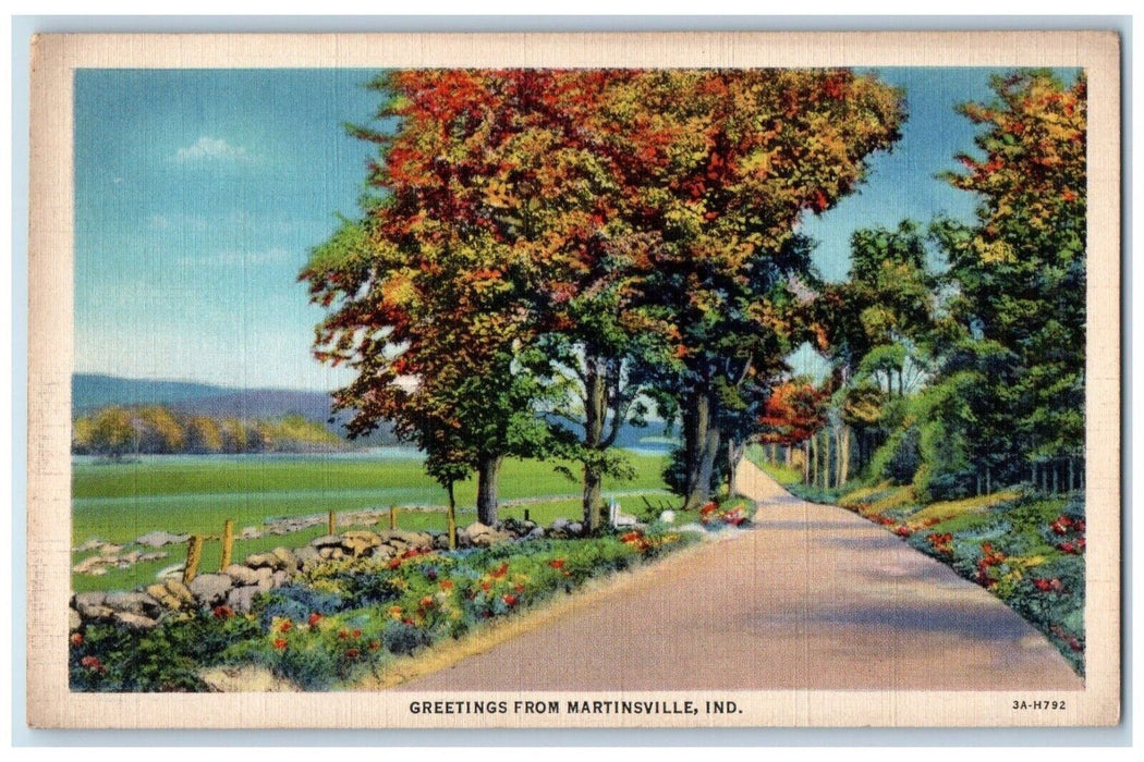 c1940 Greetings From Martinsville Flower Garden Park Rock Trees Indiana Postcard