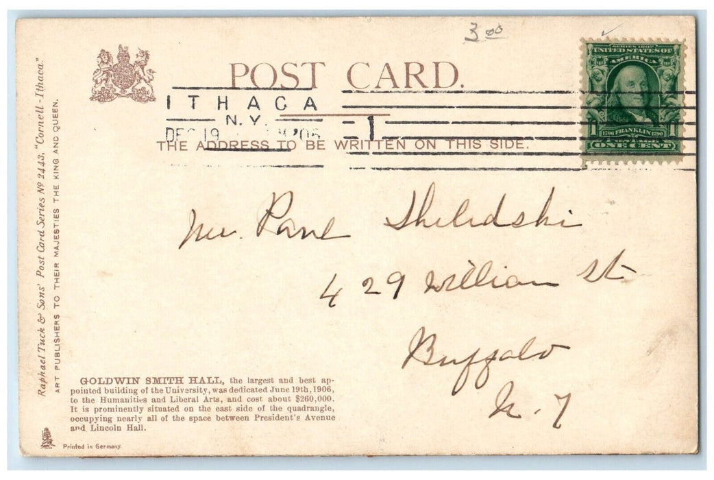 1906 Cornell University Goldwin Smith Hall Ithaca New York NY Tuck's Postcard