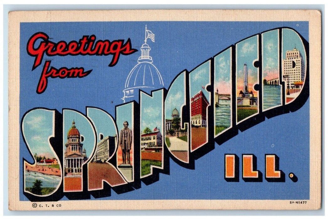 1937 Greetings From Springfield Illinois IL, Large Letters Vintage Postcard