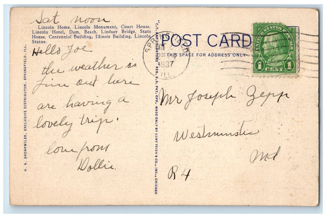 1937 Greetings From Springfield Illinois IL, Large Letters Vintage Postcard
