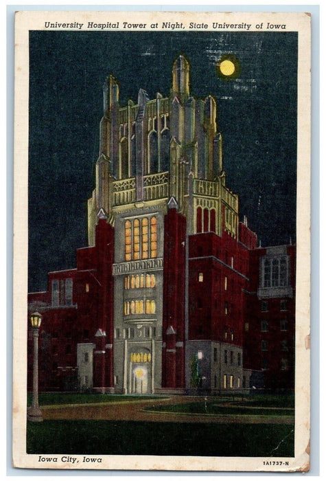 1949 University Hospital Tower At Night State University Iowa City IA Postcard