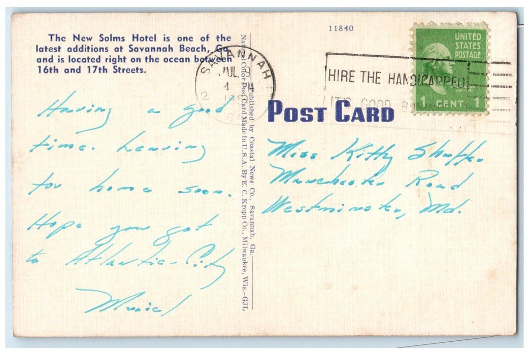 c1950's The New Solms Hotel Savannah Beach Cars Tybee Island Georgia GA Postcard