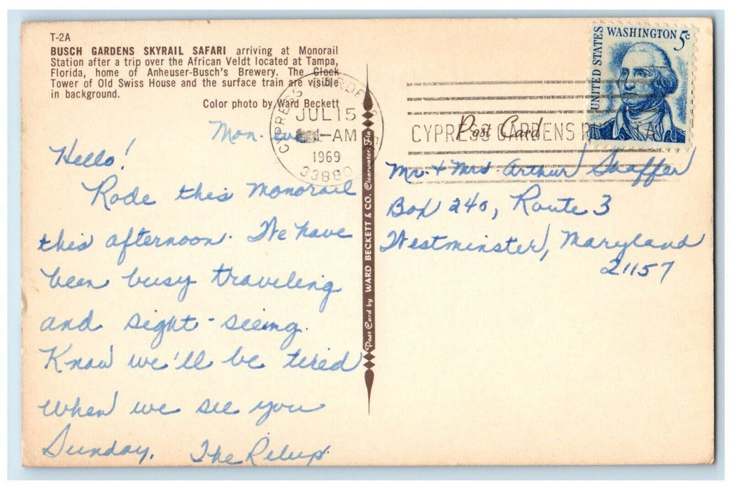 1969 Busch Gardens Skyrail Safari Arriving At Monorail Station Tampa FL Postcard
