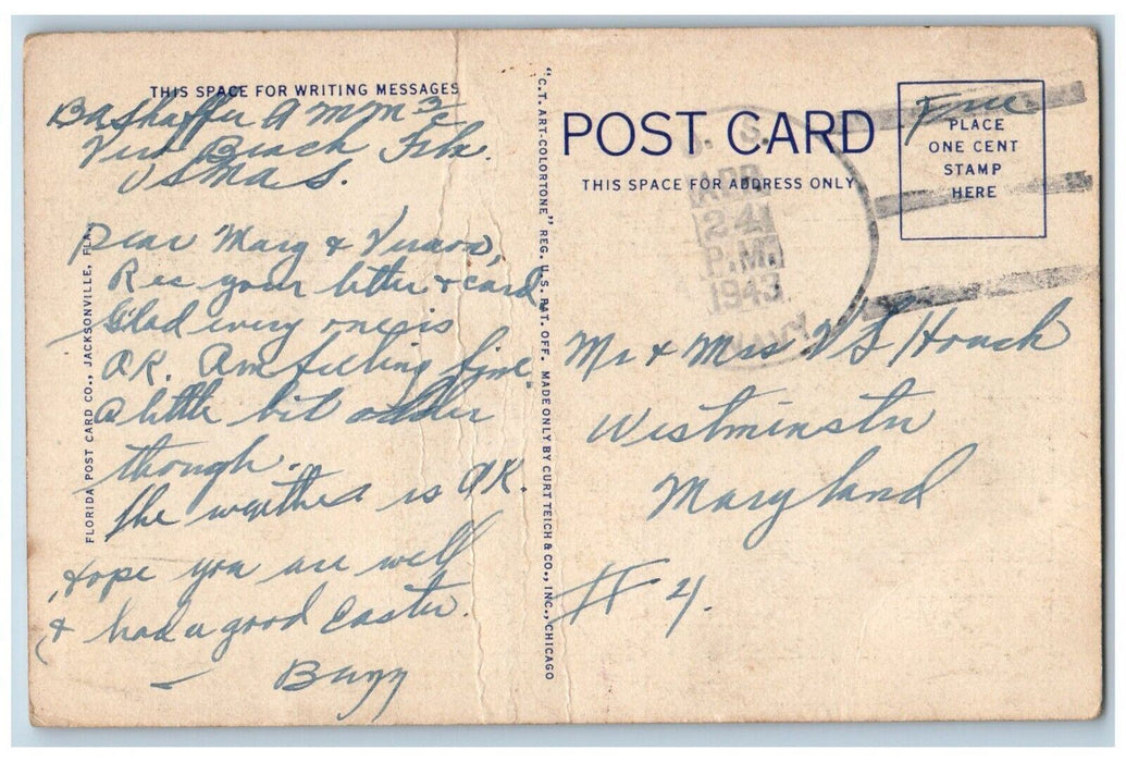 1943 Rio Mar Club House Vero Beach Florida FL WW2 Soldier Mail Shaffer Postcard