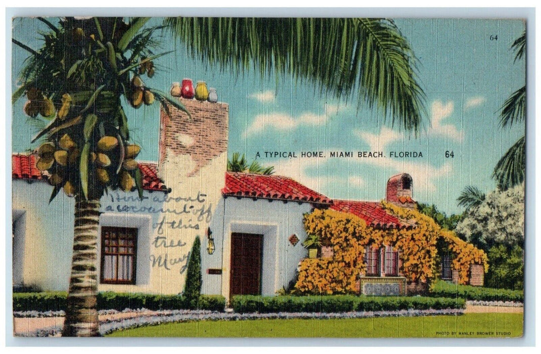 1945 A Typical Home Miami Beach Florida FL, Flowers Scene Vintage Postcard