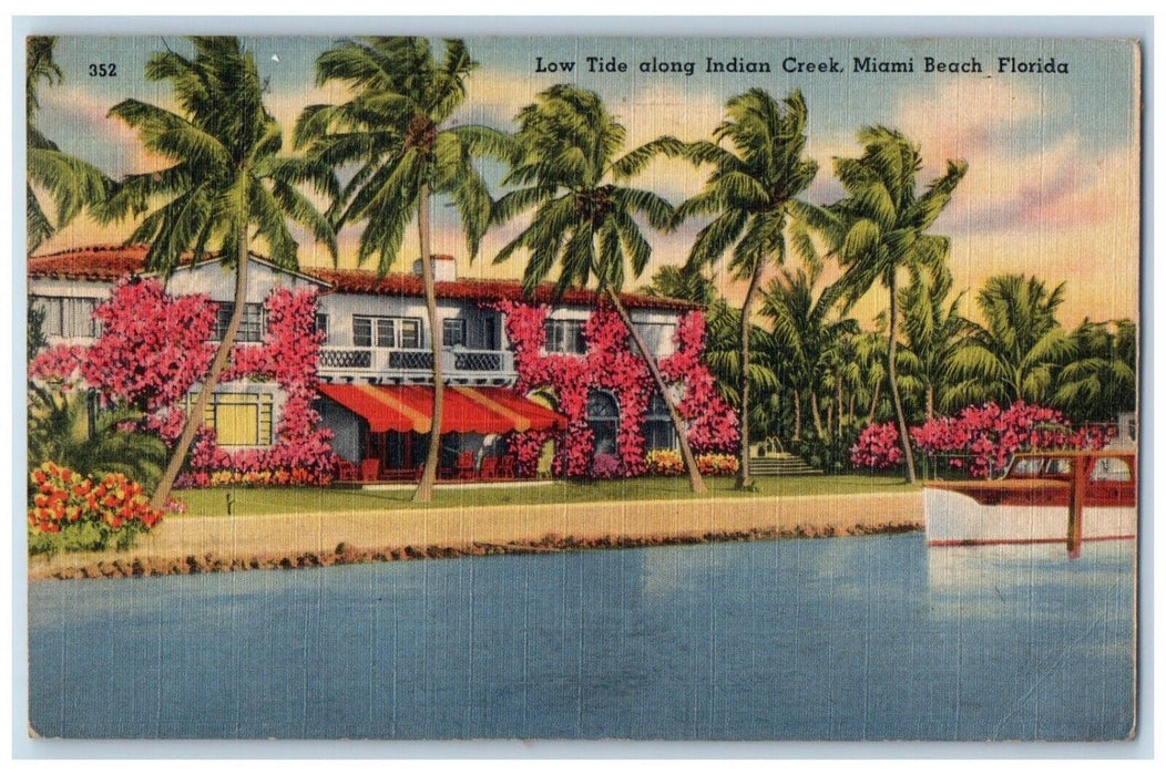 1945 Low Tide Along Indian Creek Miami Beach Florida FL, Flowers Posted Postcard