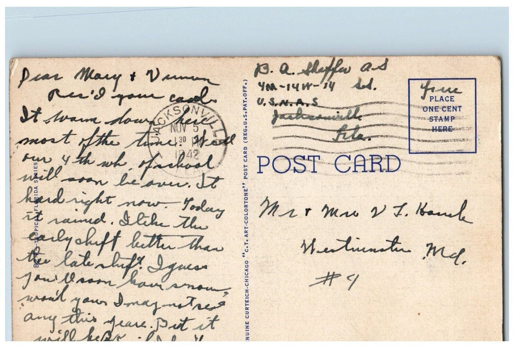 1942 Modern Trailer Park Jacksonville FL WW2 Soldier Mail Shaffer Postcard
