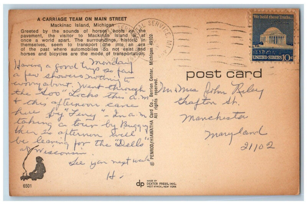 A Carriage Team On Main Street Mackinac Island Michigan MI Vintage Postcard