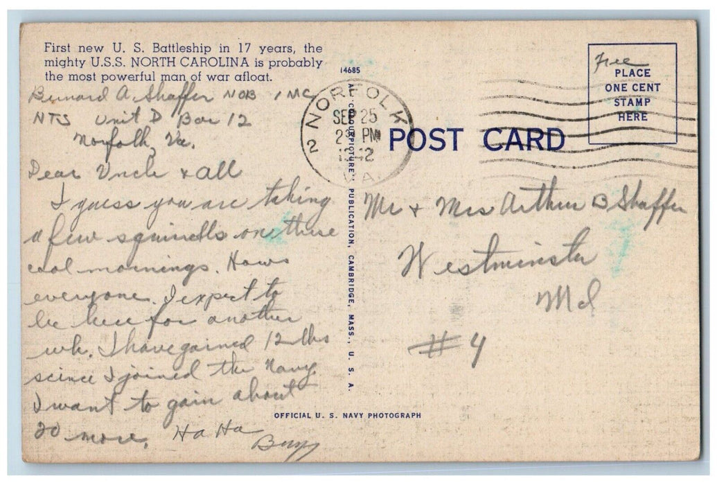 1942 USS North Carolina Battleship Norfolk VA Soldier Mail Shaffer WW2 Postcard