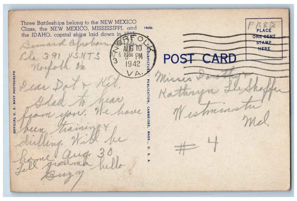 1942 USS New Mexico Battleship Norfolk VA Soldier Mail WW2 Shaffer Postcard