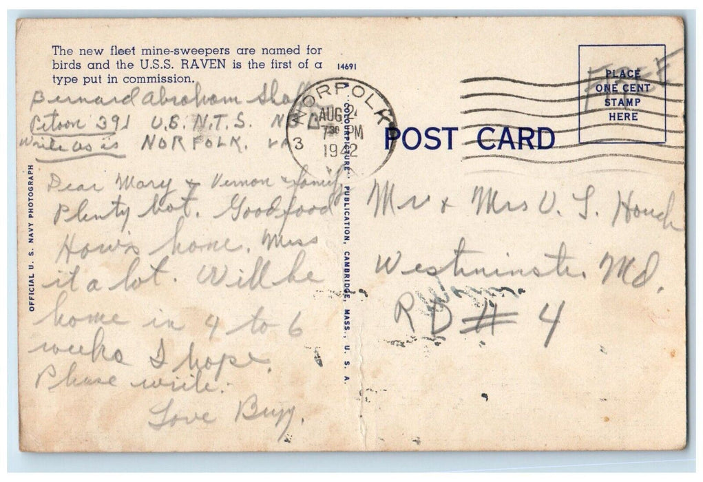 1942 USS Raven 550 Norfolk Virginia VA Bernard Shaffer Soldier Mail WW2 Postcard