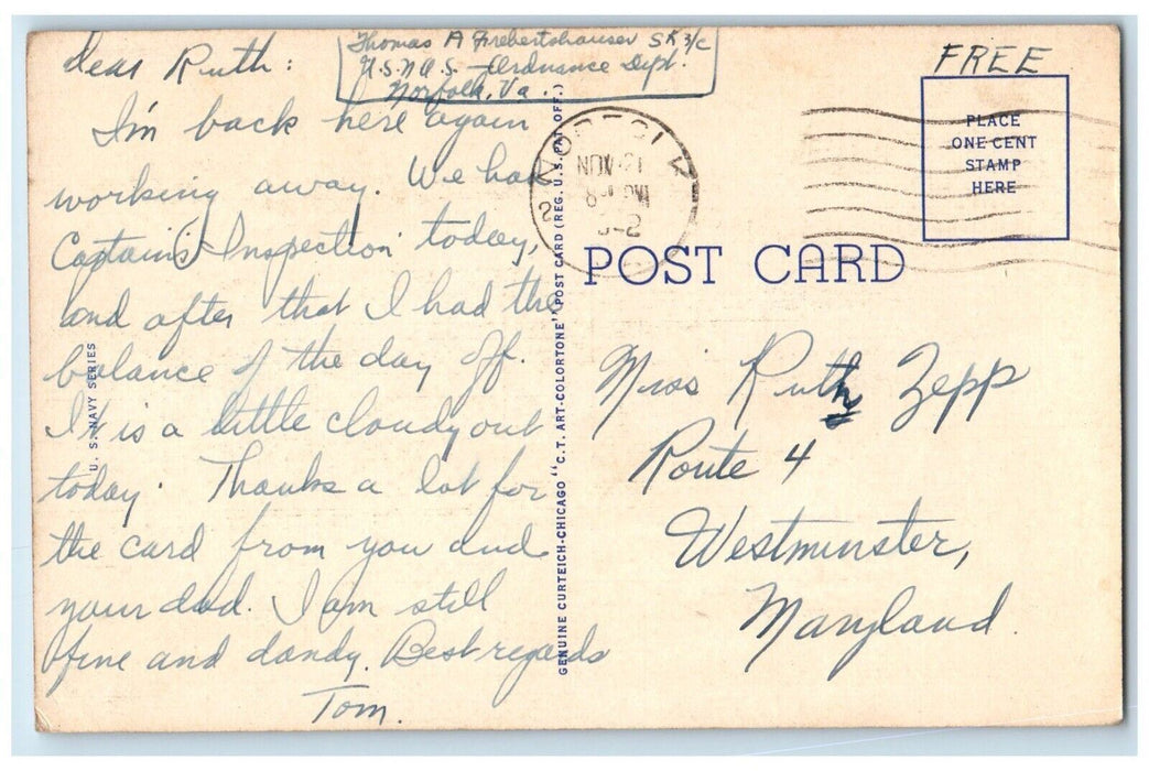 1942 US Navy Military Battleships Norfolk Virginia VA Soldier Mail WW2 Postcard