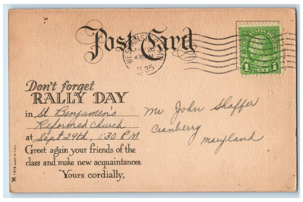 1935 Rally Day In St. Benjamin's Reformed Church West Minster MD Postcard