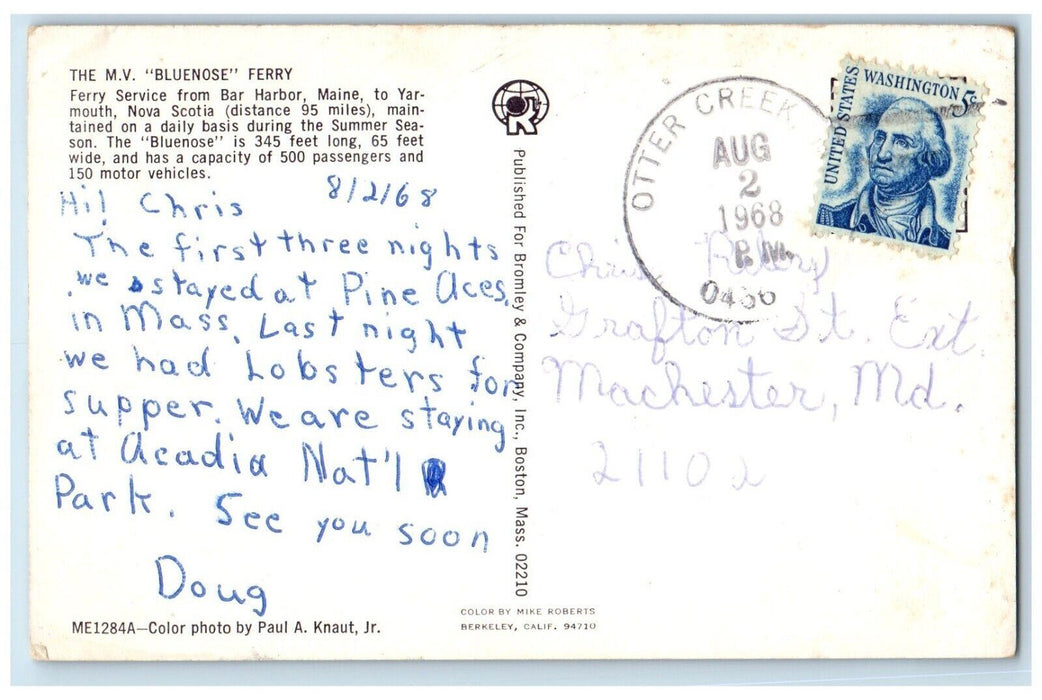 1968 The M.V. Bluenose Ferry Service From Bar Harbor Otter Creek ME Postcard