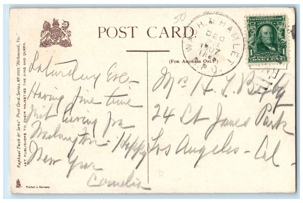 1907 Confederate Museum Residence Richmond VA Wash & Hamlet RPO Tuck Postcard