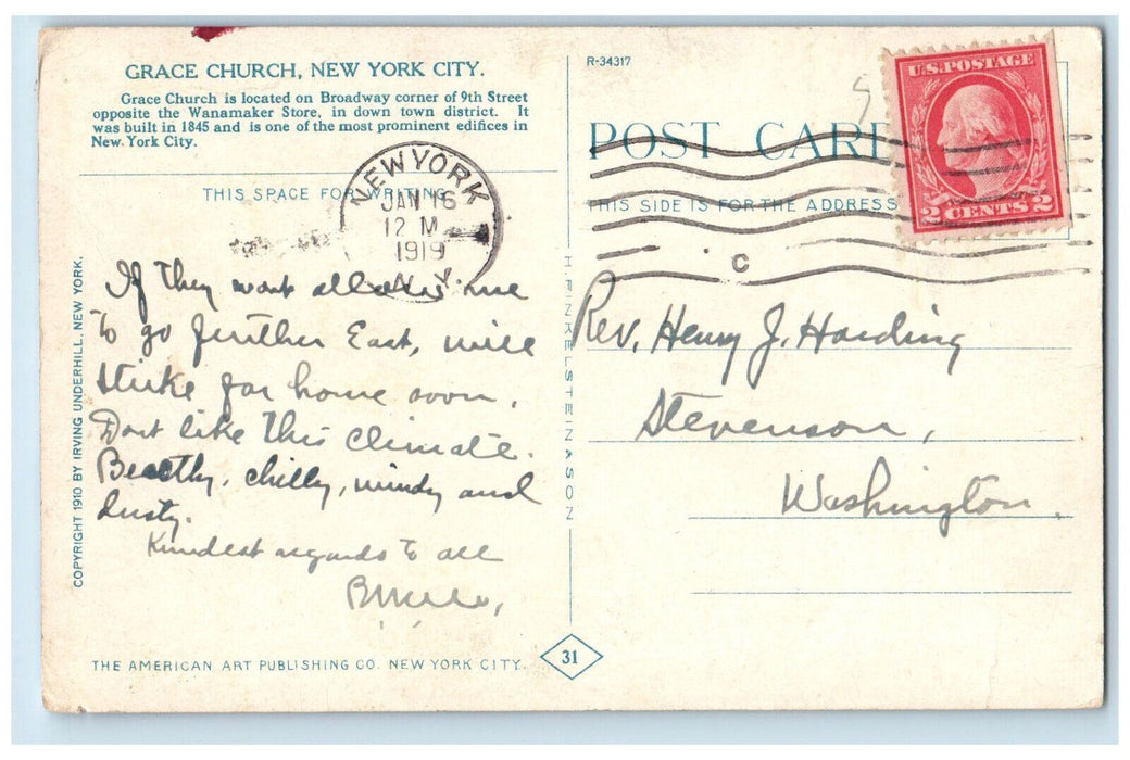 1919 Trolley Car Crowd Grace Church New York City NY Antique Postcard