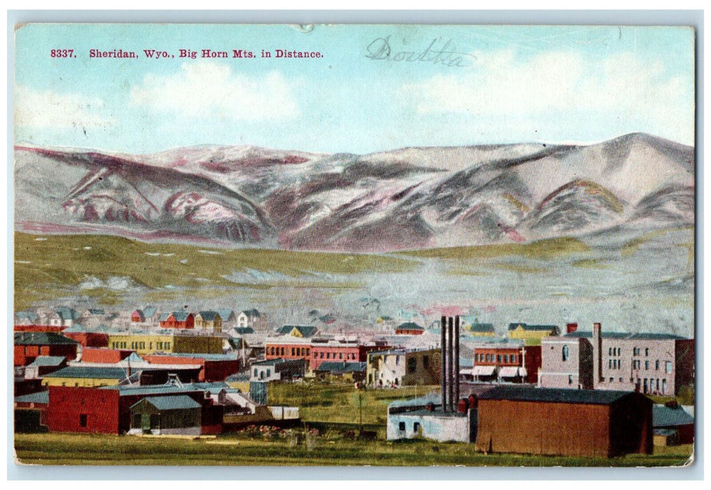 1910 Big Horn Mountains in Distance Buildings Sheridan Wyoming WY RPO Postcard