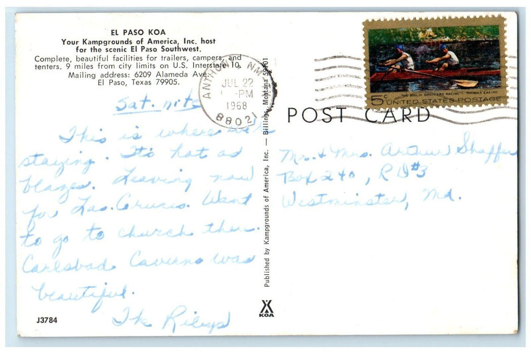 1968 El Paso TX, Koa Campgrounds Of America Inc Facilities For Trailers Postcard
