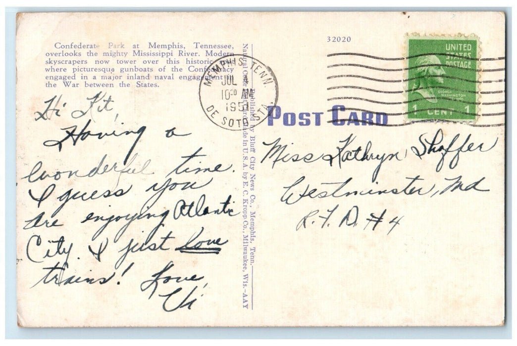 1951 Confederate Park Post Office And Mississippi River Memphis TN Postcard