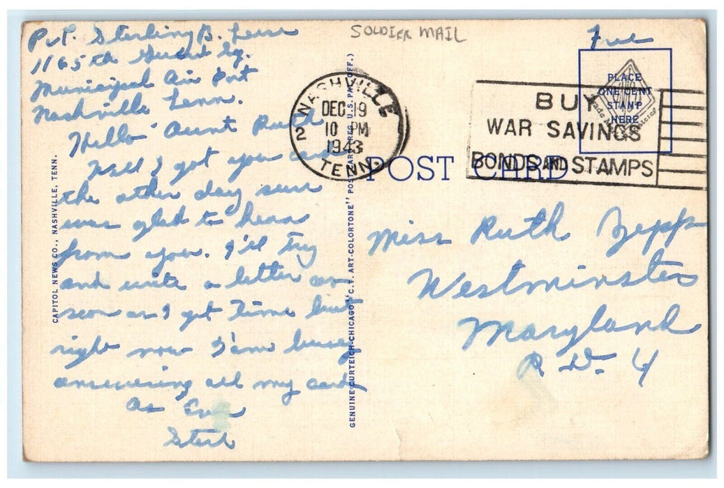 1943 Union Bus Terminal Depot Nashville Tennessee TN, Cars Soldier Mail Postcard