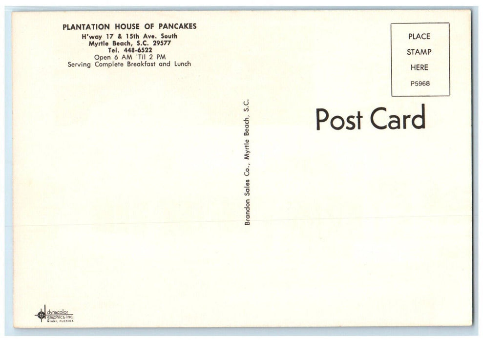 c1950's Plantation House Of Pancakes Myrtle Beach South Carolina SC Postcard